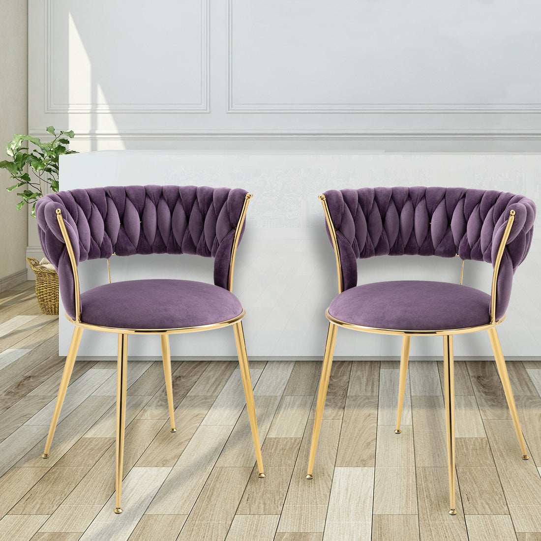 Coolmore Velvet Dining Chairs Set Of 2, Woven Upholstered Dining Chairs With Gold Metal Legs, Modern Accent Chairs For Living Room, Dining Room, Kitchen Purple Velvet Purple Foam Velvet