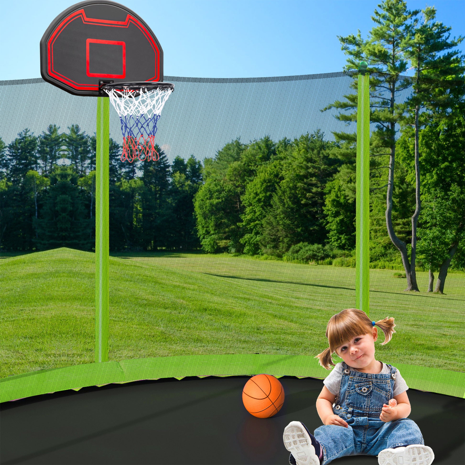 15Ft Trampoline With Basketball Hoop Inflator And Ladder Inner Safety Enclosure Green Green Steel