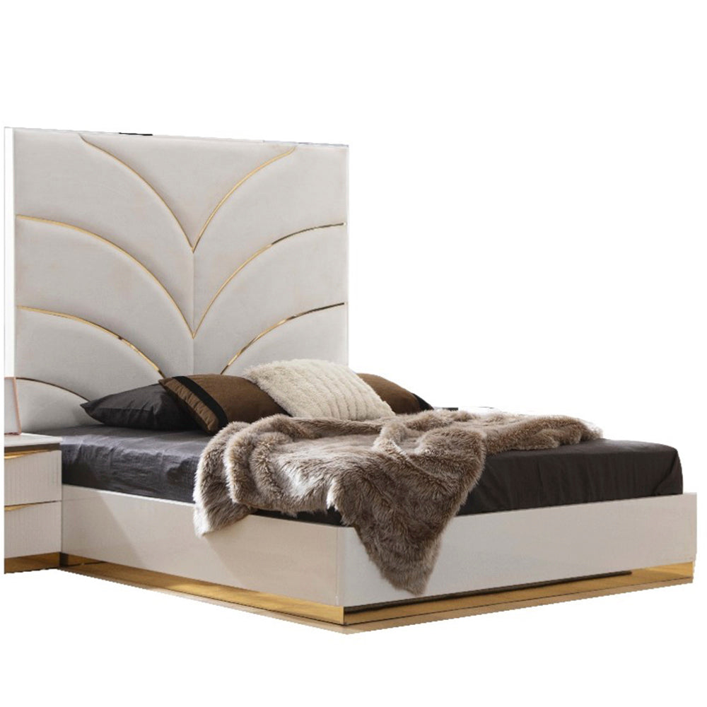 Gold Detailed King Size Upholstery Bed Made With Wood In White King White Wood Bedroom Contemporary,Modern Bed Frame Wood