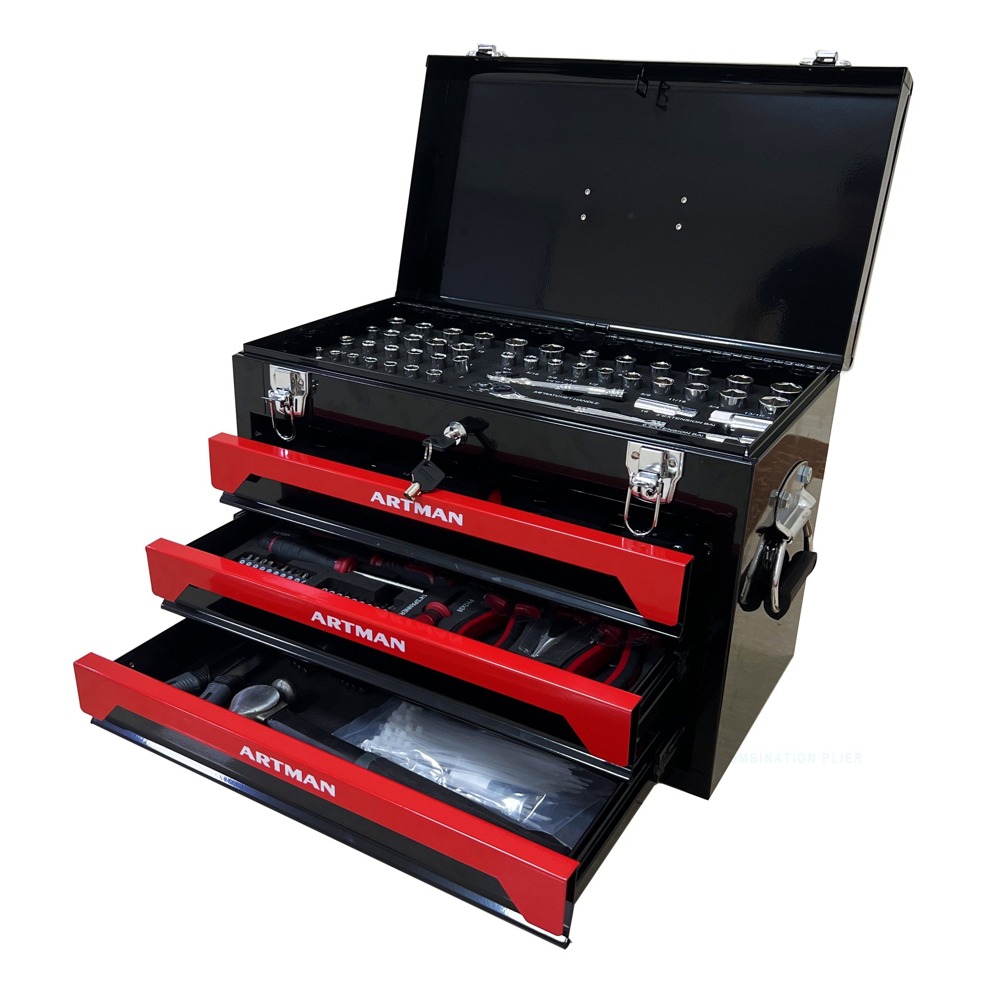 3 Drawers Tool Box With Tool Set Black Red Steel