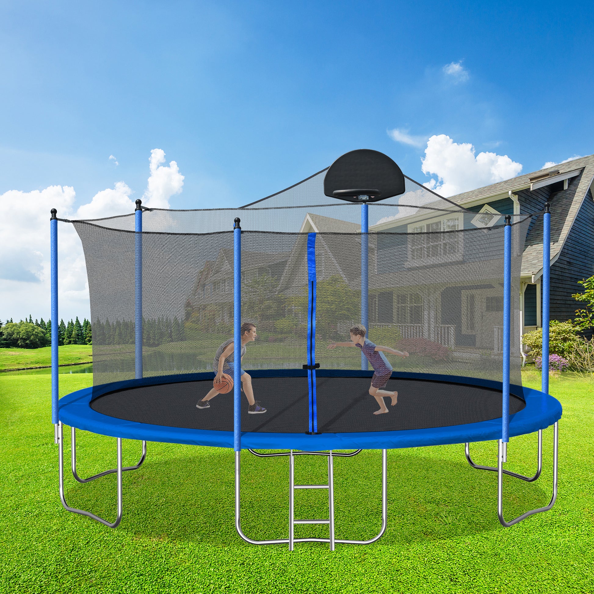 14Ft Trampoline For Adults & Kids With Basketball Hoop, Outdoor Trampolines W Ladder And Safety Enclosure Net For Kids And Adults,Double Side Color Cover Blue Metal