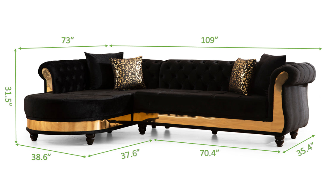 Gold Detailed Tufted Upholstery Sectional Made With Wood In Black Black Velvet Wood Primary Living Space Soft Cushion Back Contemporary,Modern L Shaped Acacia Rolled Arms Solid Wood Mdf Velvet 6