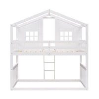 Twin Over Twin House Bunk Bed With Ladder, Wood Bed White White Solid Wood