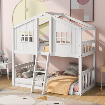 Twin Over Twin House Bunk Bed With Ladder, Wood Bed White White Solid Wood