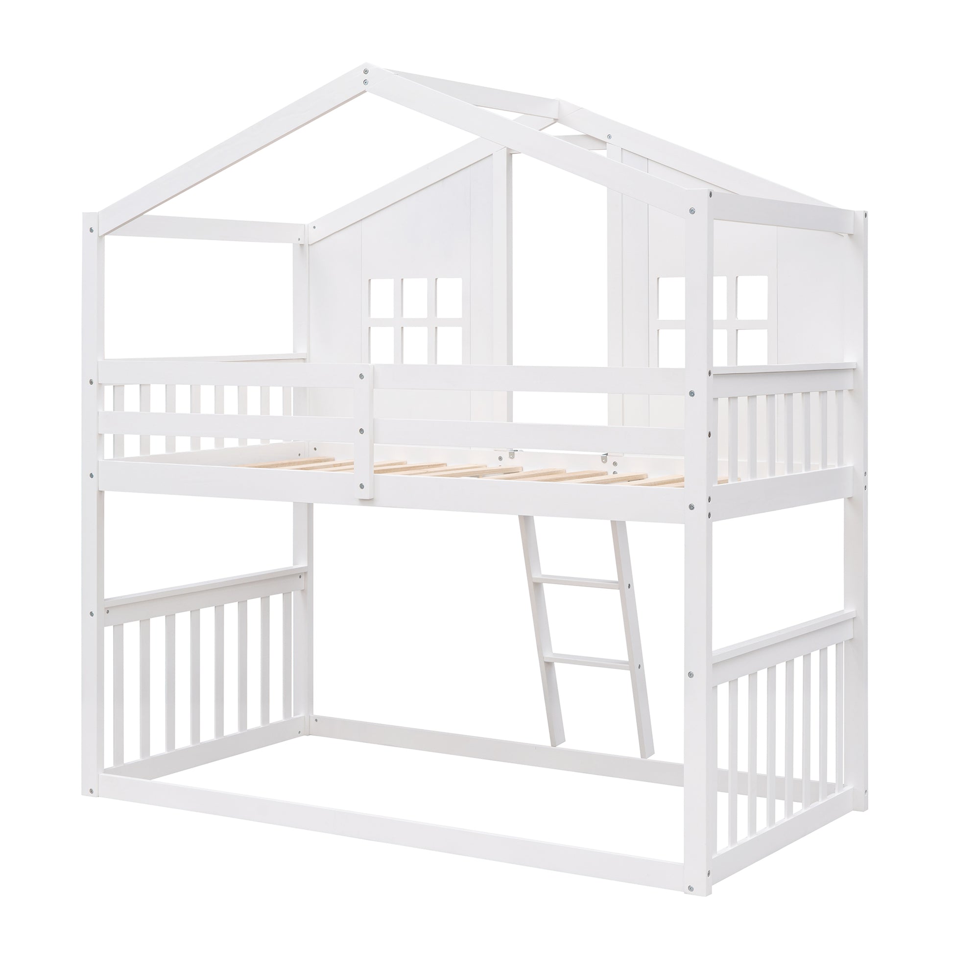 Twin Over Twin House Bunk Bed With Ladder, Wood Bed White White Solid Wood