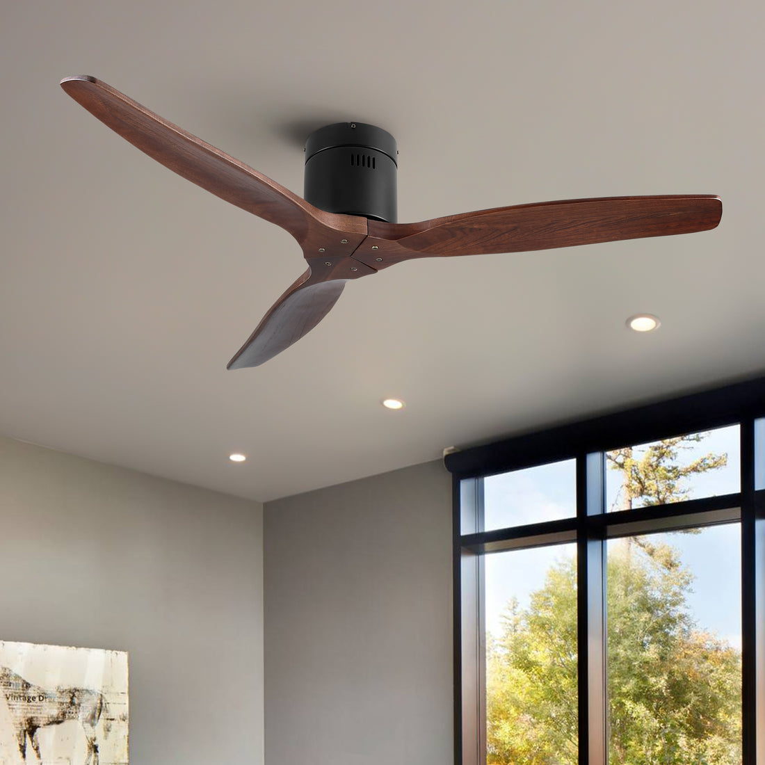 52 In.Solid Wood Blade Low Profile Ceiling Fan Without Light Walnut Wood Metal