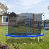 12Ft Trampoline For Adults & Kids With Basketball Hoop, Outdoor Trampolines W Ladder And Safety Enclosure Net For Kids And Adults Blue Metal