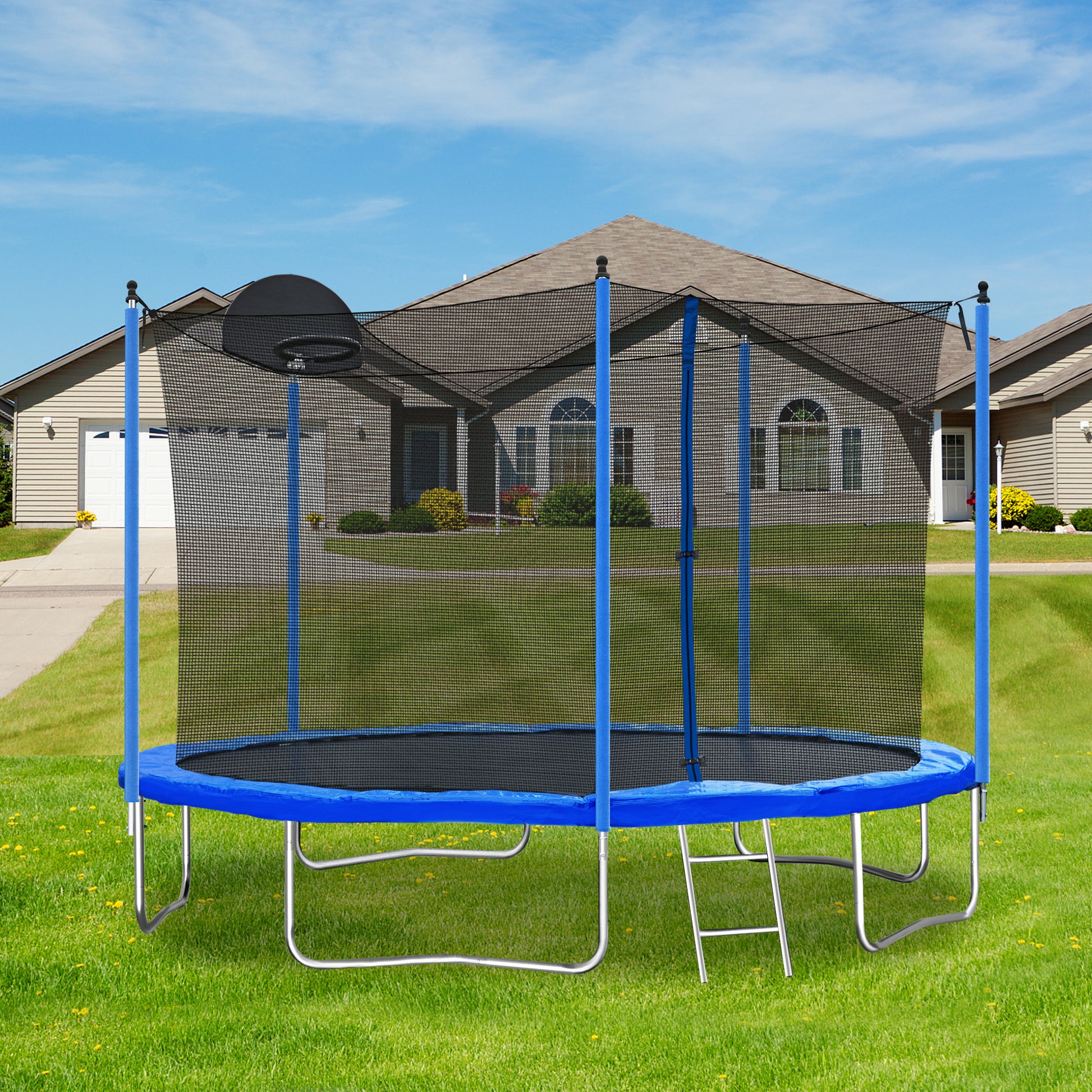 12Ft Trampoline For Adults & Kids With Basketball Hoop, Outdoor Trampolines W Ladder And Safety Enclosure Net For Kids And Adults Blue Metal