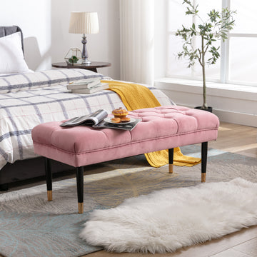 Tufted Bench Modern Velvet Button Upholstered Ottoman Enches Bedroom Rectangle Fabric Footstool With Metal Legs For Living Room Entryway,Pink Pink Foam Fabric