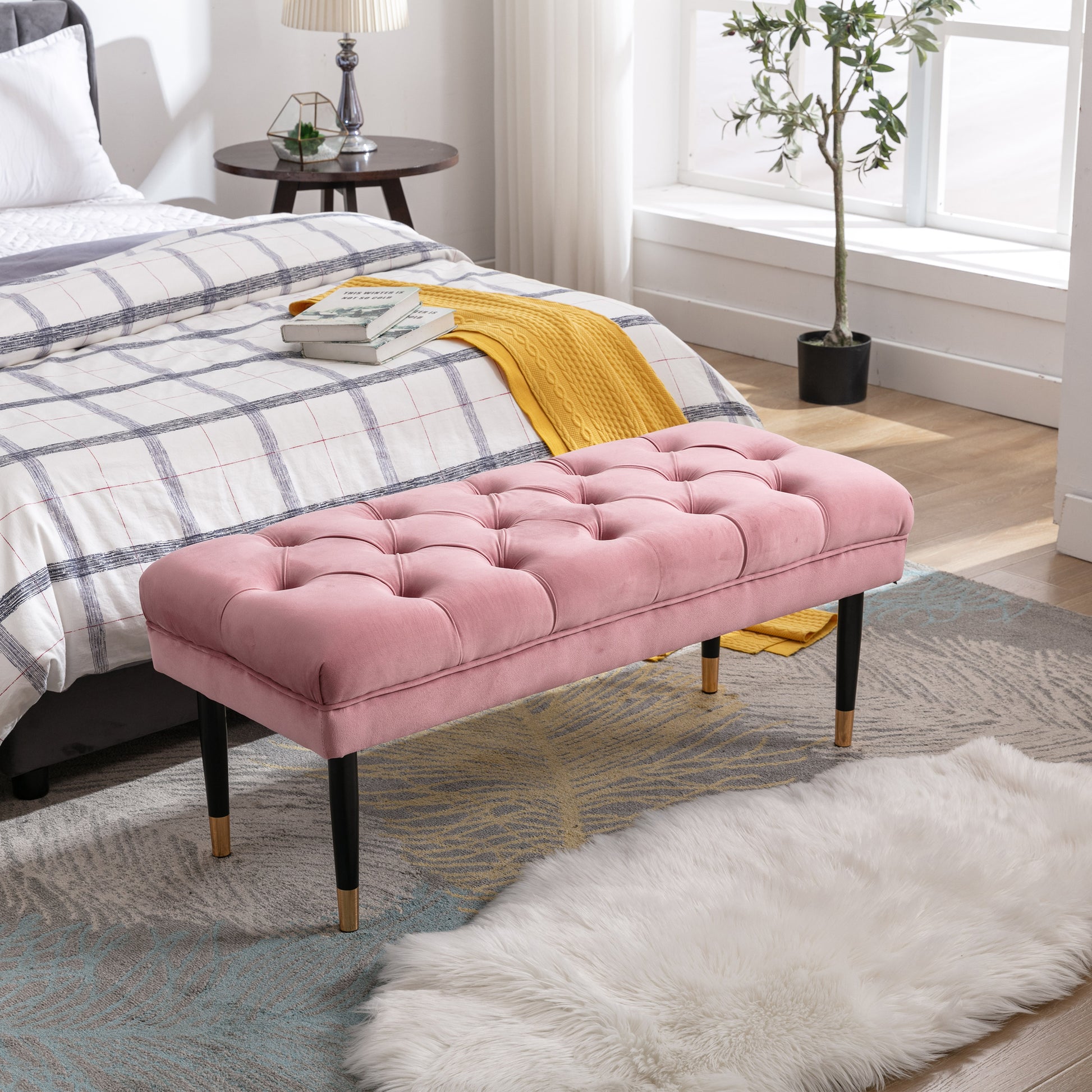 Tufted Bench Modern Velvet Button Upholstered Ottoman Enches Bedroom Rectangle Fabric Footstool With Metal Legs For Living Room Entryway,Pink Pink Foam Fabric