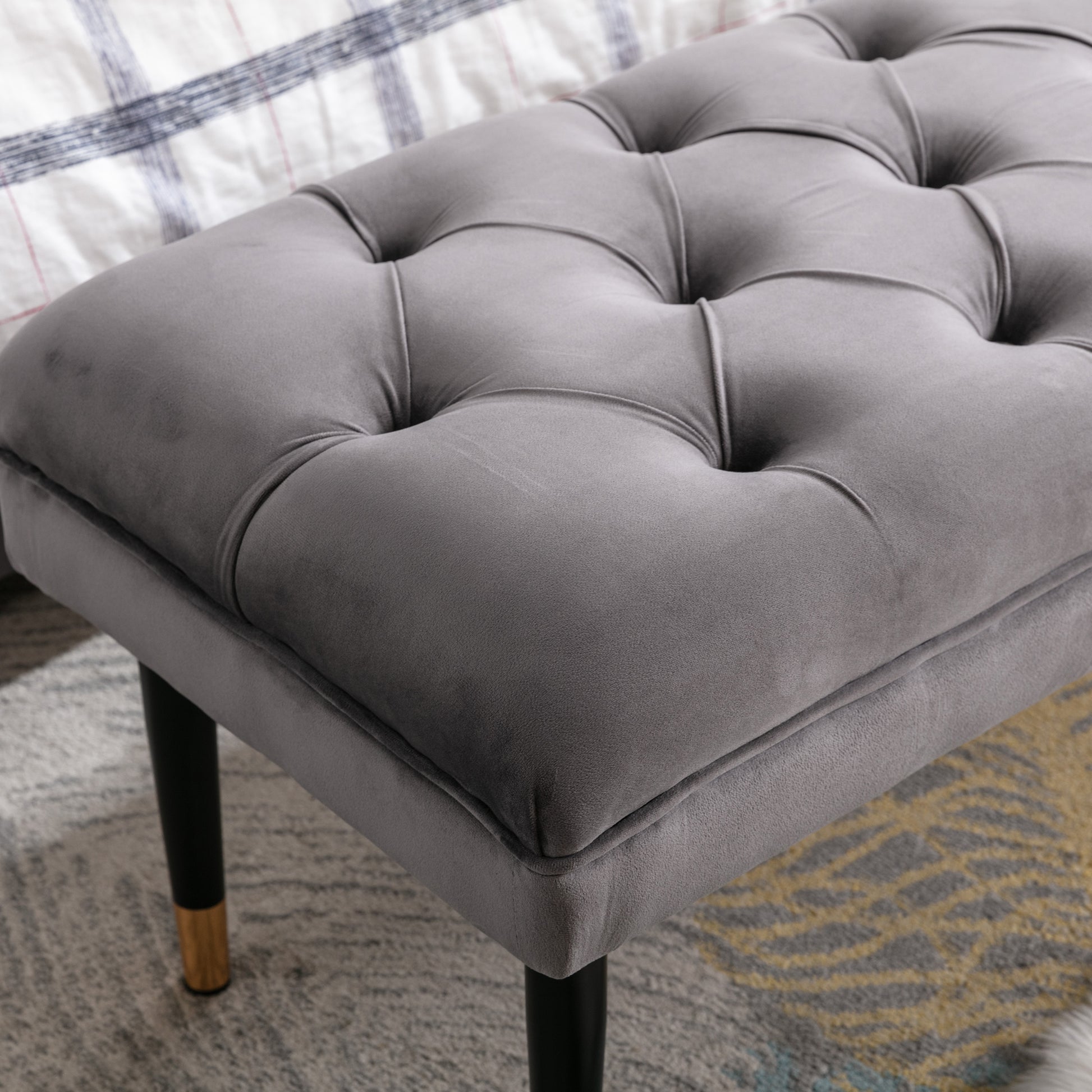 Tufted Bench Modern Velvet Button Upholstered Ottoman Enches Bedroom Rectangle Fabric Footstool With Metal Legs For Living Room Entryway,Grey Gray Foam Fabric