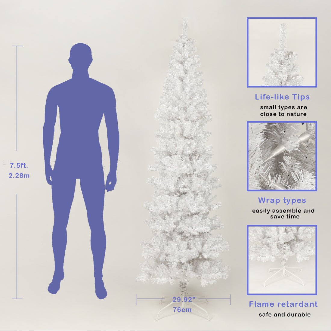 7.5Ft White Slim Artificial Christmas Tree Includes Foldable Metal Stand White American Traditional Polyester Polyester