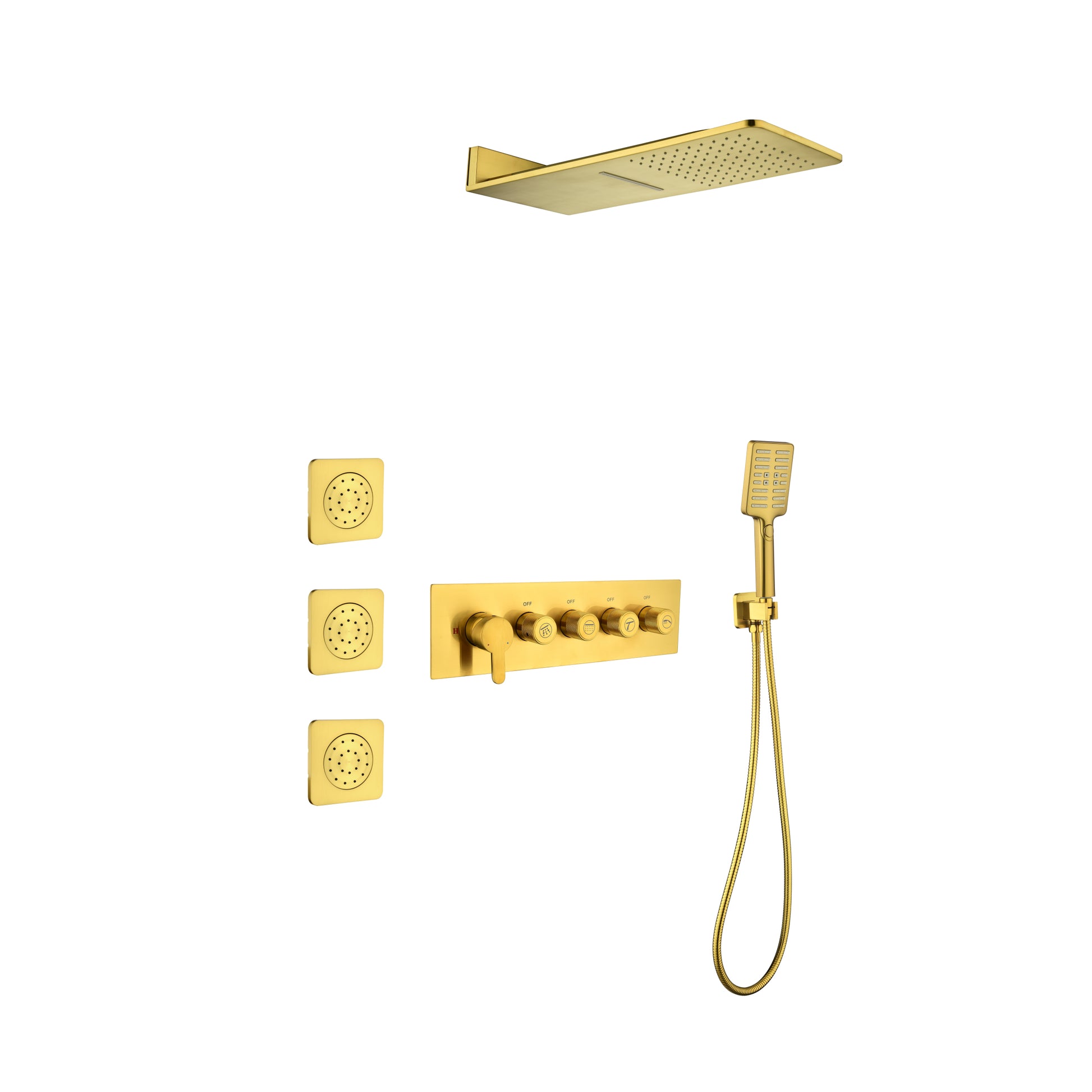 Wall Mounted Waterfall Rain Shower System With 3 Body Sprays & Handheld Shower Gold Brass