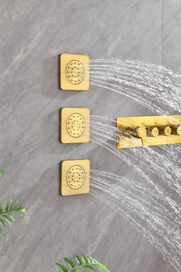 Wall Mounted Waterfall Rain Shower System With 3 Body Sprays & Handheld Shower Gold Brass