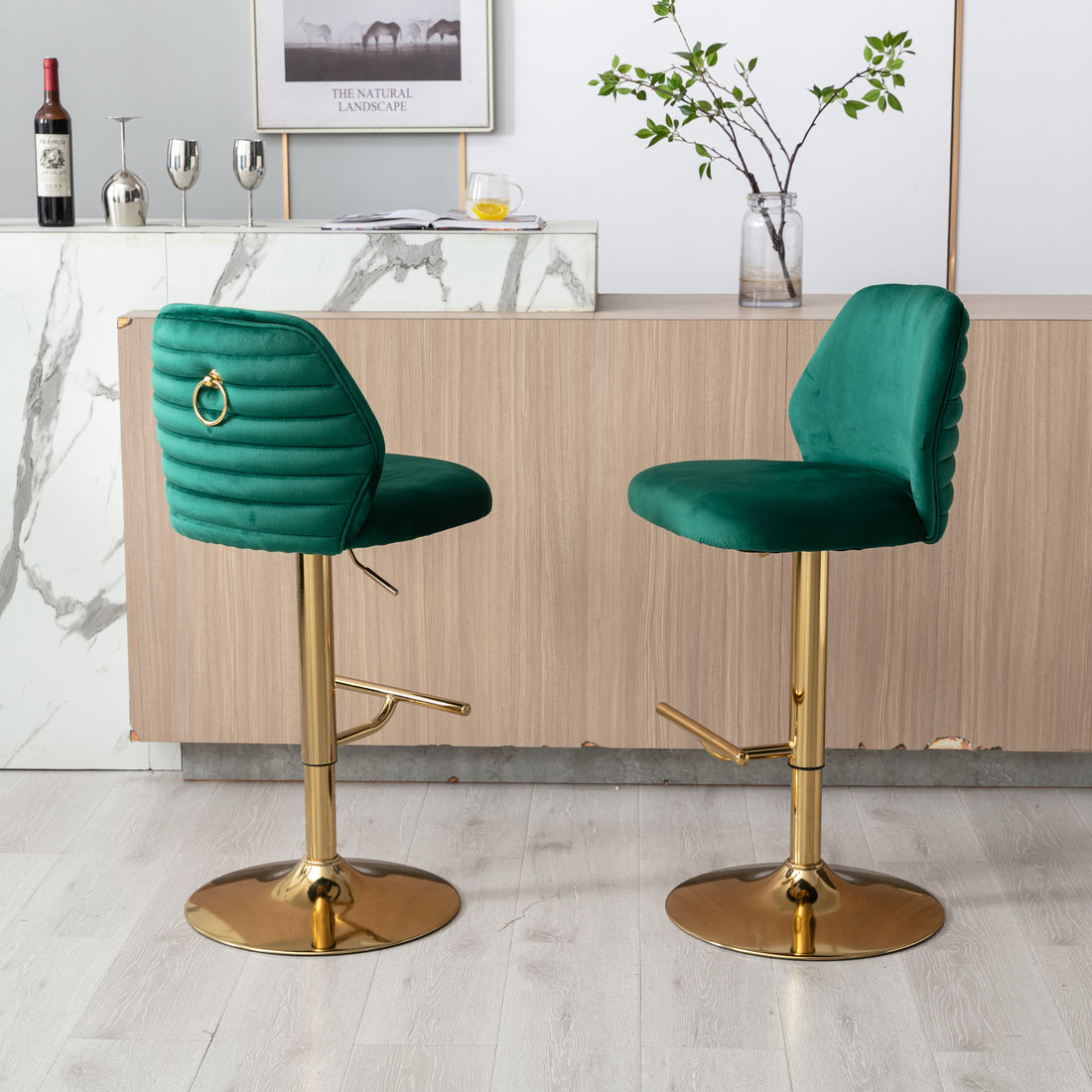 Swivel Bar Stools Chair Set Of 2 Modern Adjustable Counter Height Bar Stools, Velvet Upholstered Stool With Tufted High Back & Ring Pull For Kitchenchrome Golden Base, Green Green Foam Fabric