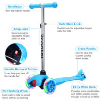 Simplelux Kids Scooter 4 Adjustable Height, Extra Wide Deck With Brake & 3 Pu Flashing Wheels, Over 3 Years Old,Blue Blue Polyurethane