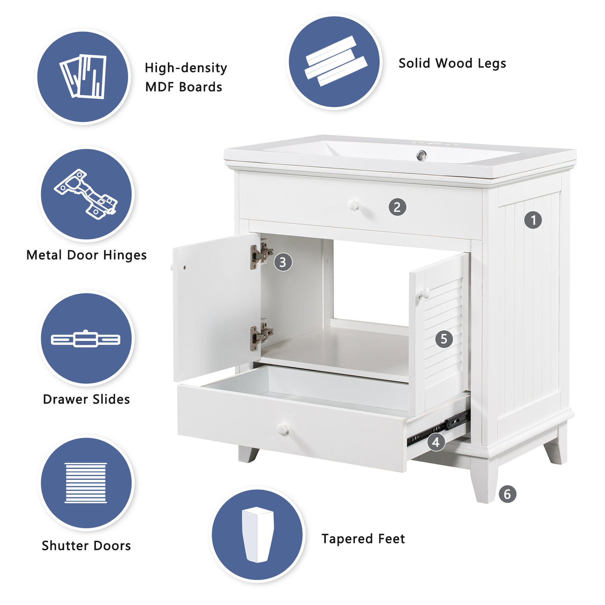 30" Bathroom Vanity Base Without Sink, Bathroom Cabinet With Two Doors And One Drawer, White White Solid Wood