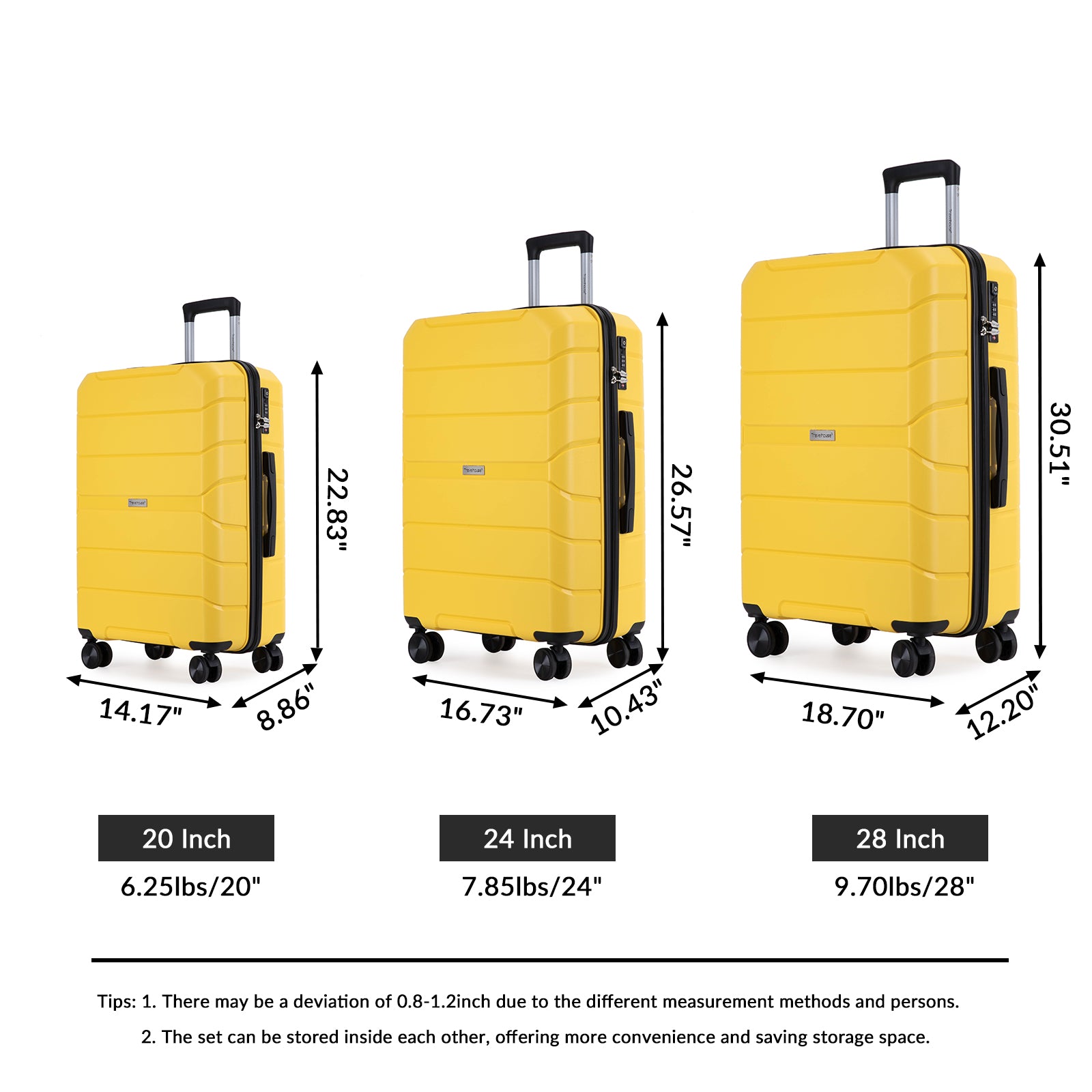 Hardshell Suitcase Spinner Wheels Pp Luggage Sets Lightweight Durable Suitcase With Tsa Lock,3 Piece Set 20 24 28 ,Yellow Yellow Polypropylene