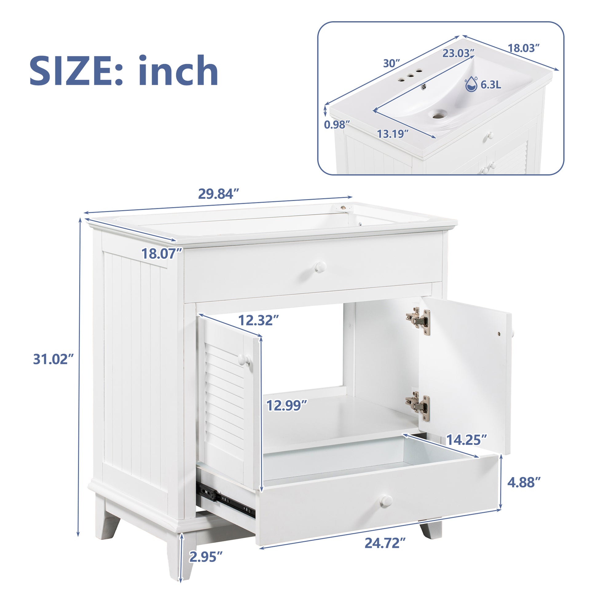 30" Bathroom Vanity Base Without Sink, Bathroom Cabinet With Two Doors And One Drawer, White White Solid Wood