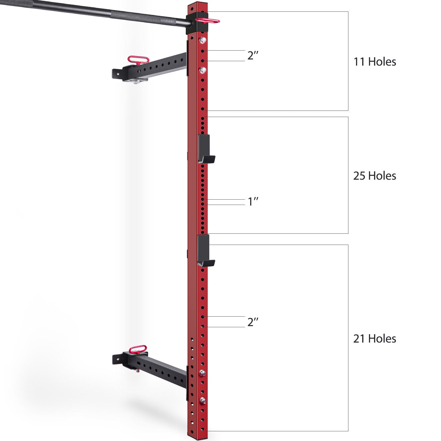 Wall Mounted Folding Squat Rack Folding Squat Power Rack For 1000Lbs Capacity With Pull Up Bar And J Cups, Space Saving Home Gym Equipment Red Metal