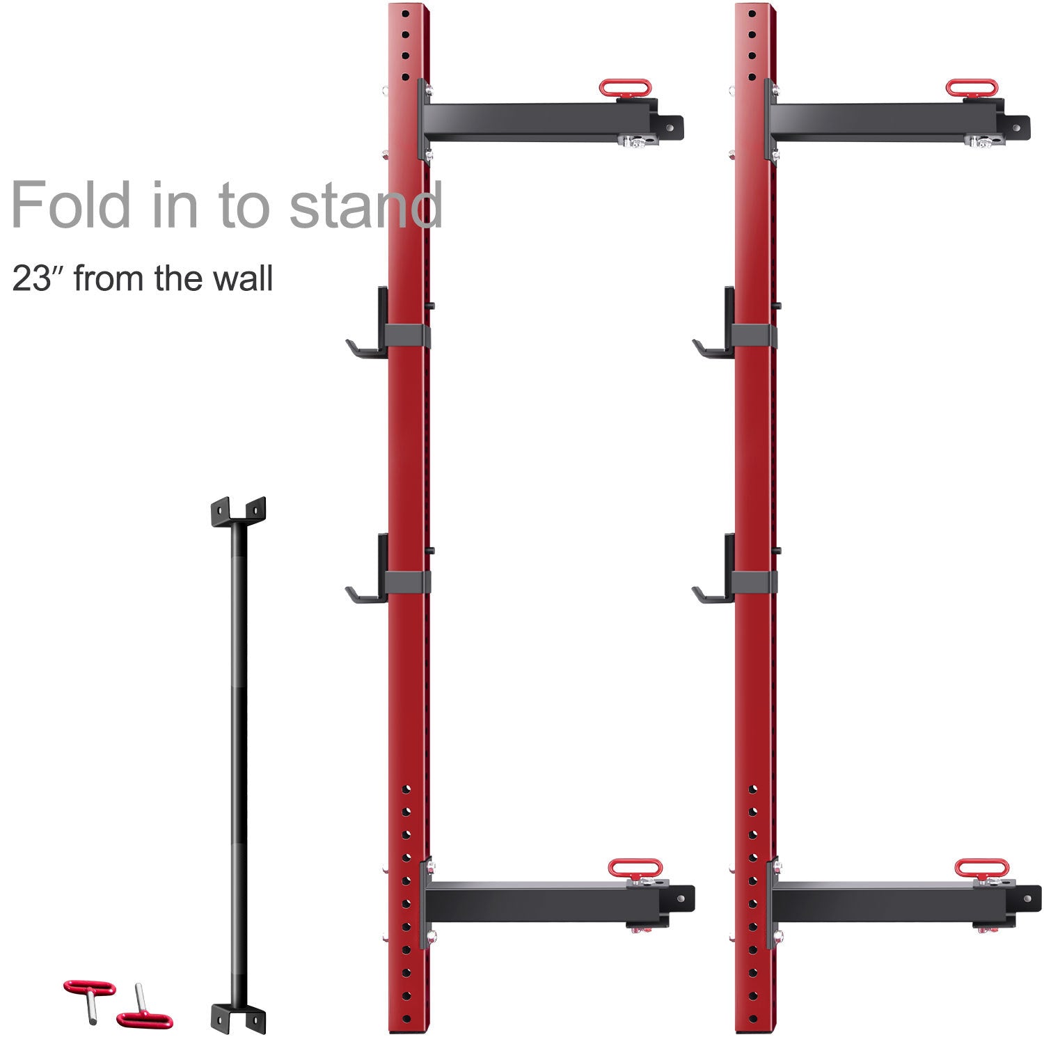 Wall Mounted Folding Squat Rack Folding Squat Power Rack For 1000Lbs Capacity With Pull Up Bar And J Cups, Space Saving Home Gym Equipment Red Metal