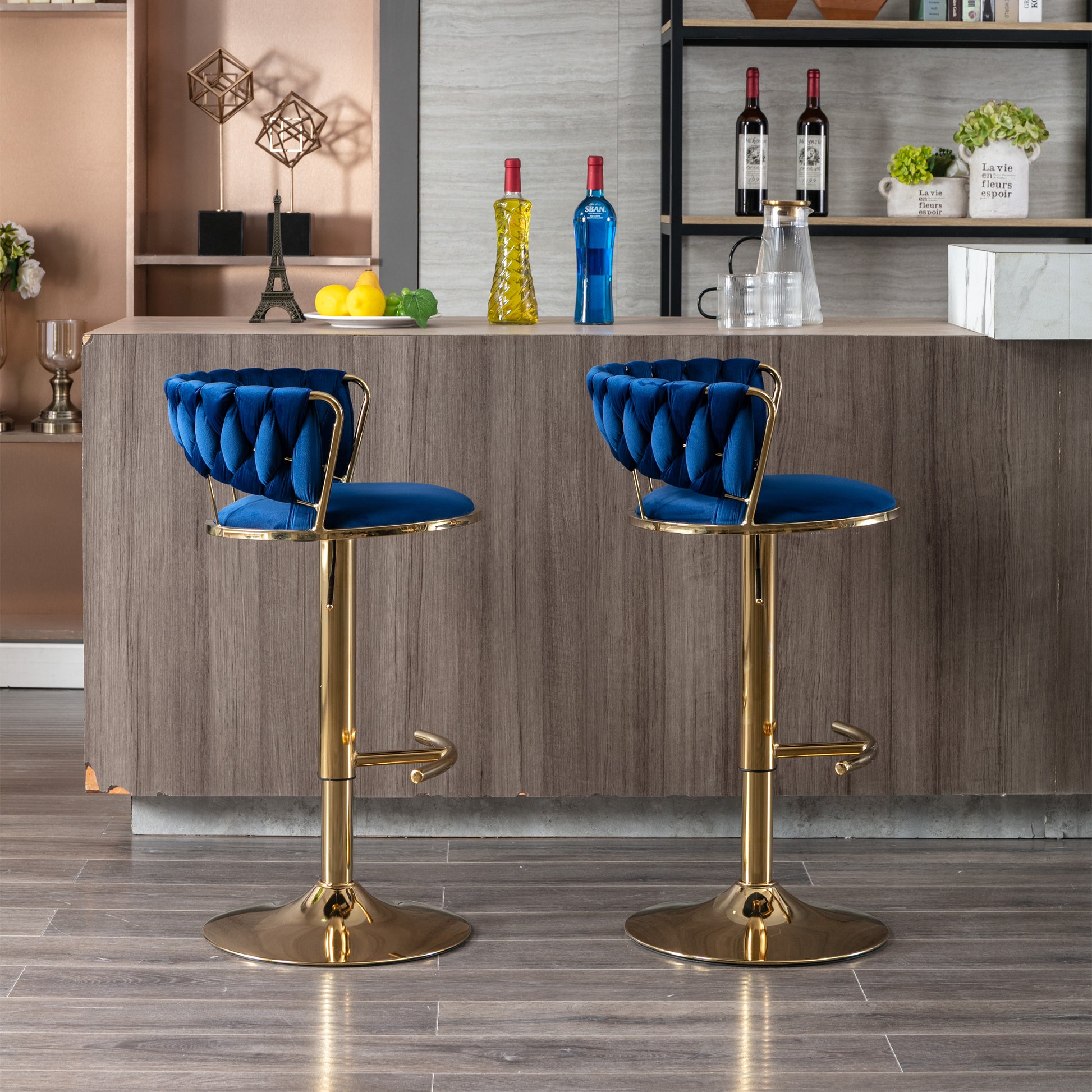 Set Of 2 Bar Stools,With Chrome Footrest And Base Swivel Height Adjustable Mechanical Lifting Velvet Golden Leg Simple Bar Stool Blue Blue Foam Fabric