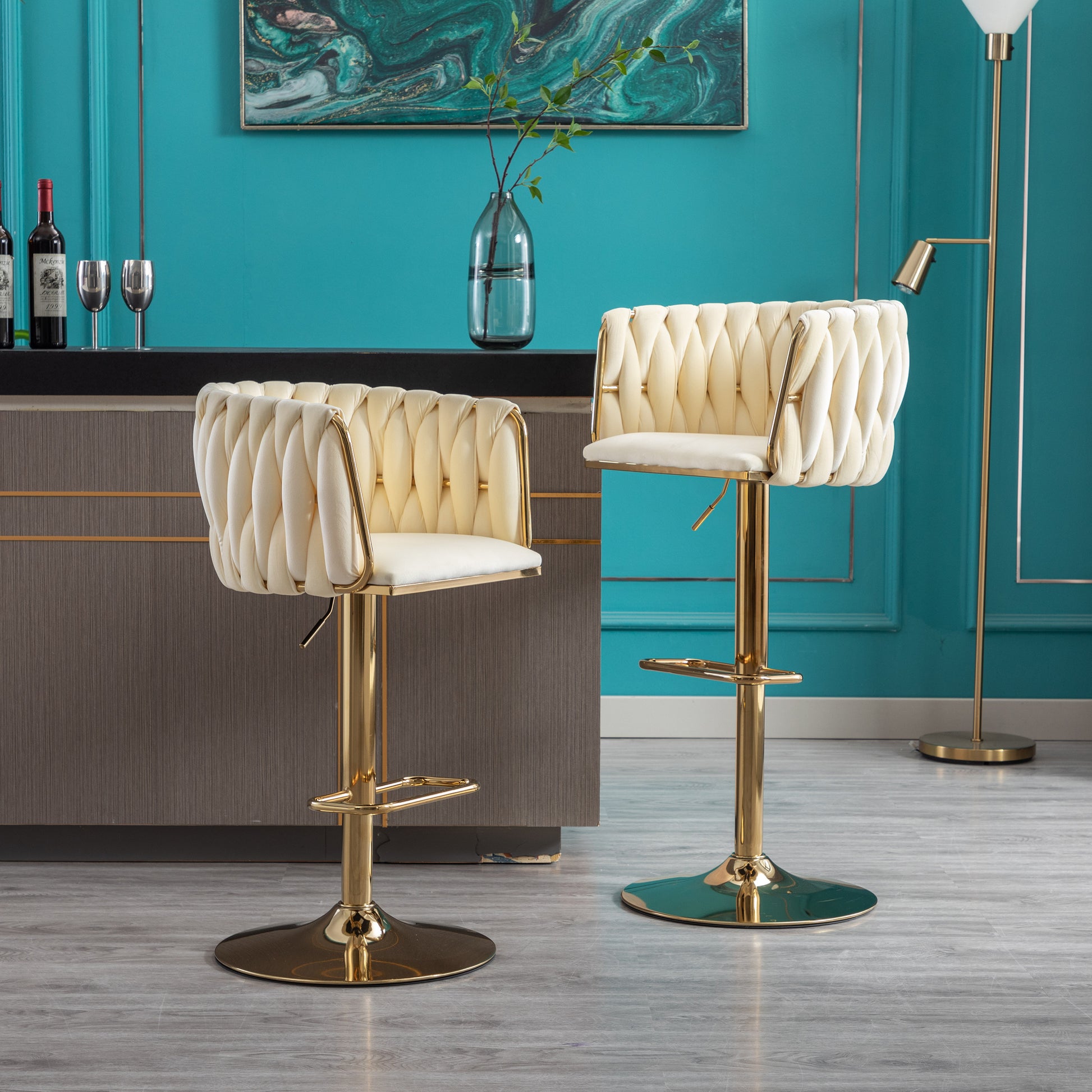 Set Of 2 Bar Stools,With Chrome Footrest And Base Swivel Height Adjustable Mechanical Lifting Velvet Golden Leg Simple Bar Stoo,Ivory Metal Ivory Dining Room Foam Modern Handle Bar Stools Foam