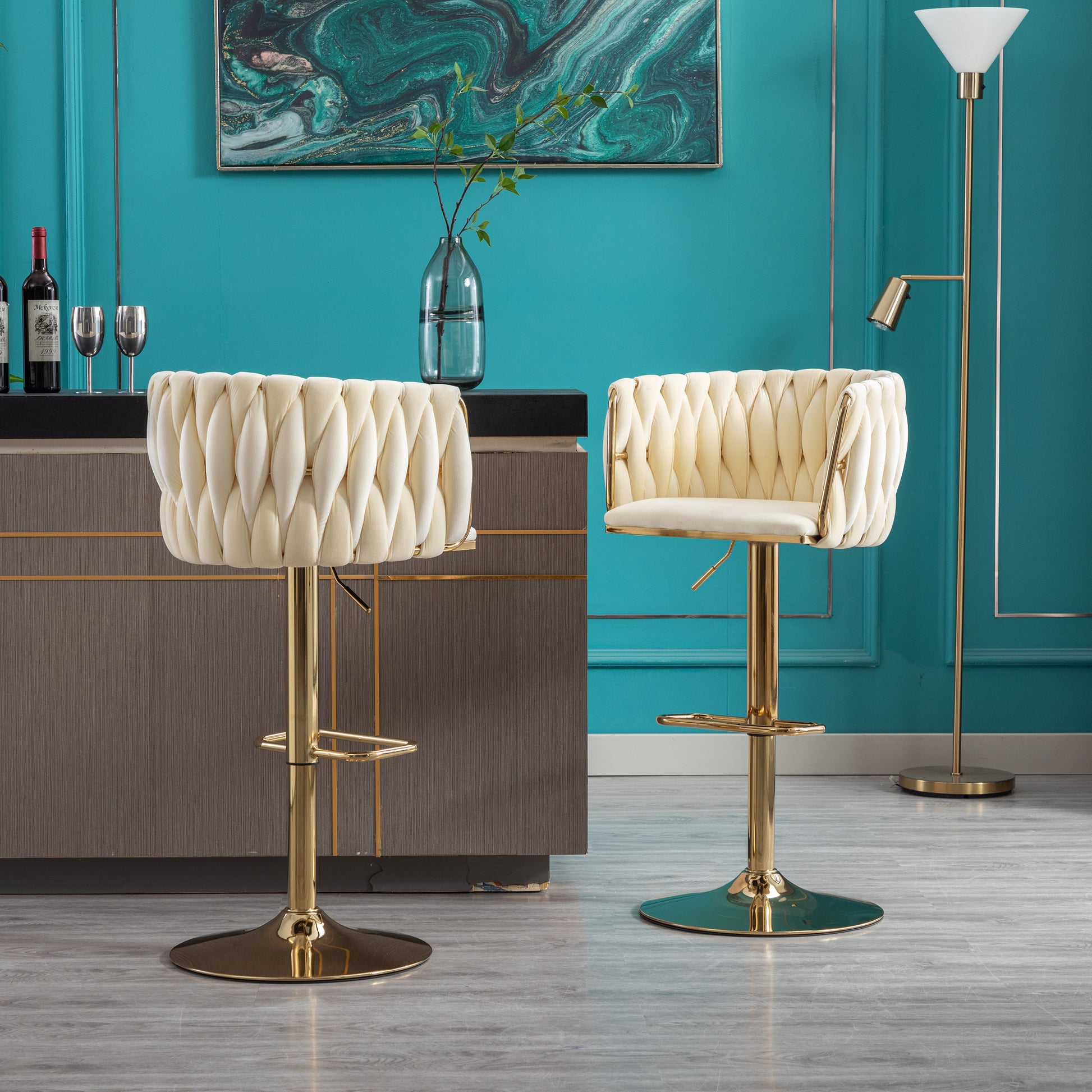 Set Of 2 Bar Stools,With Chrome Footrest And Base Swivel Height Adjustable Mechanical Lifting Velvet Golden Leg Simple Bar Stoo,Ivory Metal Ivory Dining Room Foam Modern Handle Bar Stools Foam