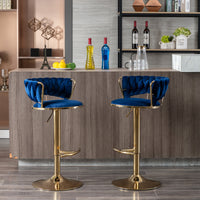 Set Of 2 Bar Stools,With Chrome Footrest And Base Swivel Height Adjustable Mechanical Lifting Velvet Golden Leg Simple Bar Stool Blue Blue Foam Fabric