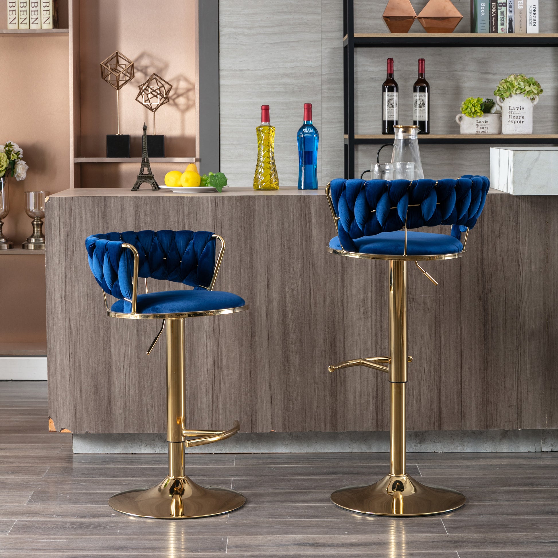 Set Of 2 Bar Stools,With Chrome Footrest And Base Swivel Height Adjustable Mechanical Lifting Velvet Golden Leg Simple Bar Stool Blue Blue Foam Fabric