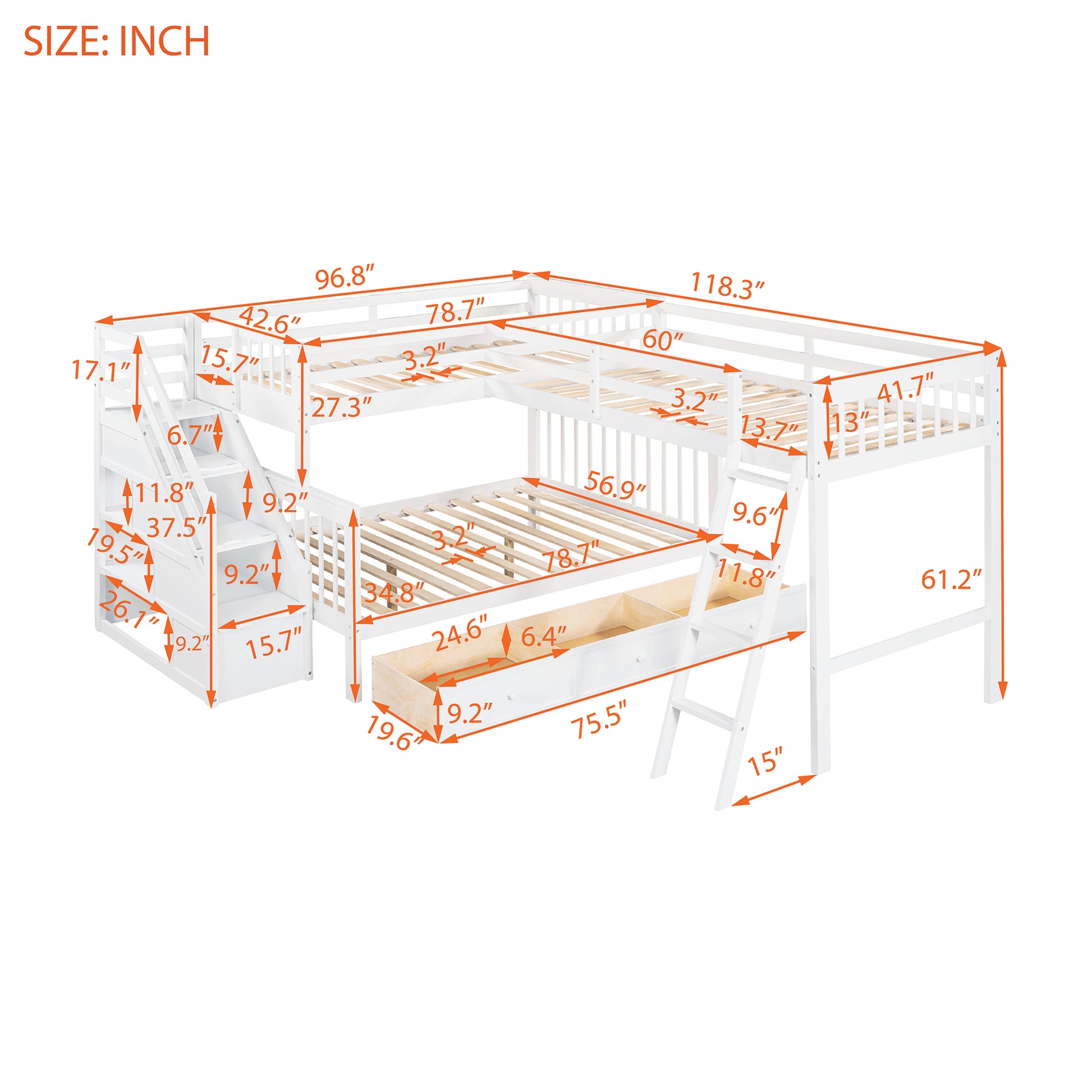 Twin Over Full L Shaped Bunk Bed With 3 Drawers, Ladder And Staircase White White Solid Wood