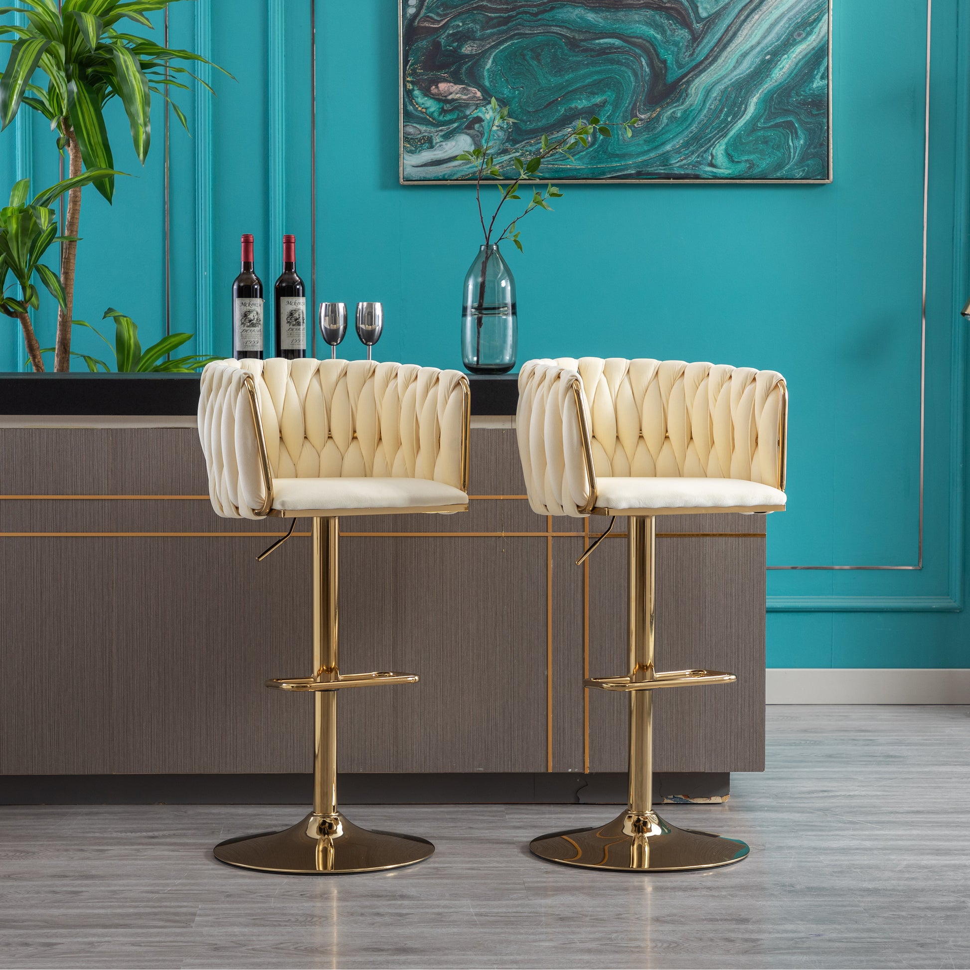 Set Of 2 Bar Stools,With Chrome Footrest And Base Swivel Height Adjustable Mechanical Lifting Velvet Golden Leg Simple Bar Stoo,Ivory Metal Ivory Dining Room Foam Modern Handle Bar Stools Foam