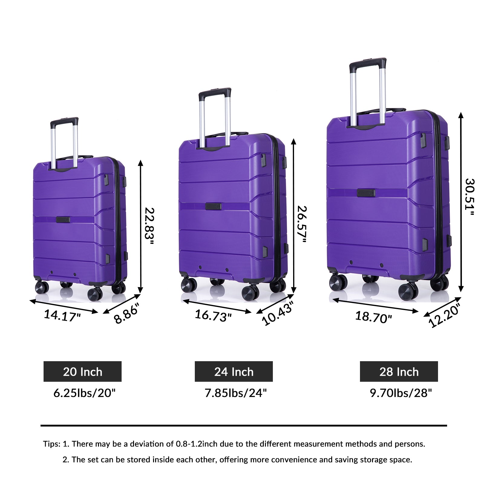 Hardshell Suitcase Spinner Wheels Pp Luggage Sets Lightweight Durable Suitcase With Tsa Lock,3 Piece Set 20 24 28 ,Purple Purple Polypropylene