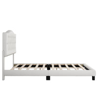 Upholstered Platform Bed With Saddle Curved Headboard And Diamond Tufted Details, King, Beige Beige Linen