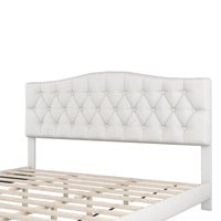 Upholstered Platform Bed With Saddle Curved Headboard And Diamond Tufted Details, King, Beige Beige Linen