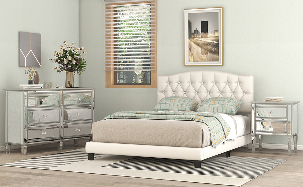 Upholstered Platform Bed With Saddle Curved Headboard And Diamond Tufted Details, King, Beige Beige Linen