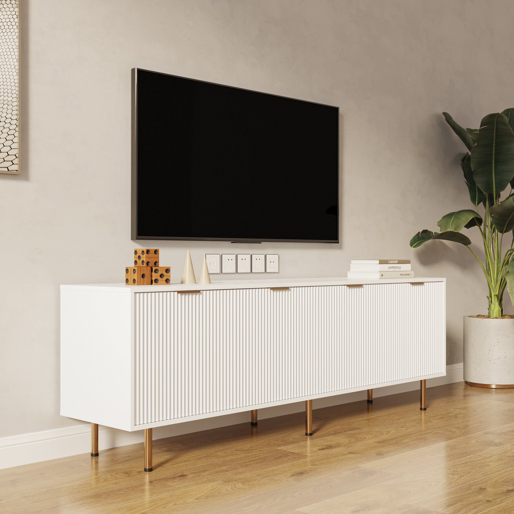 Modern Warm White Tv Cabinet For 80 Inch Tv Stands, For Living Room Bedroom White Mdf