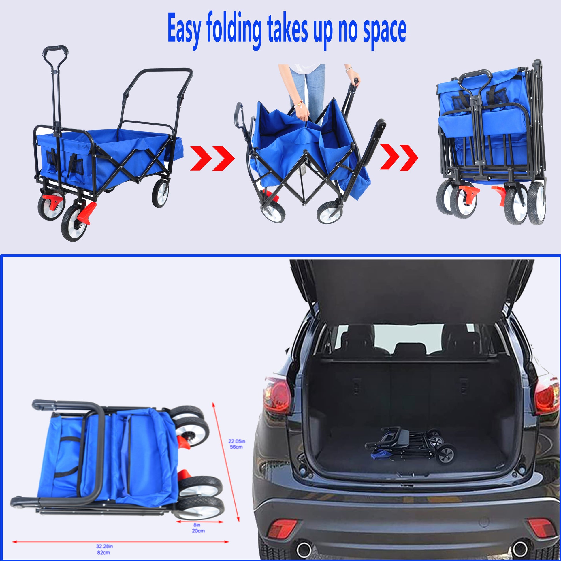 Folding Wagon Collapsible Outdoor Utility Wagon, Heavy Duty Folding Garden Portable Hand Cart, Drink Holder, Adjustable Handles Blue Steel