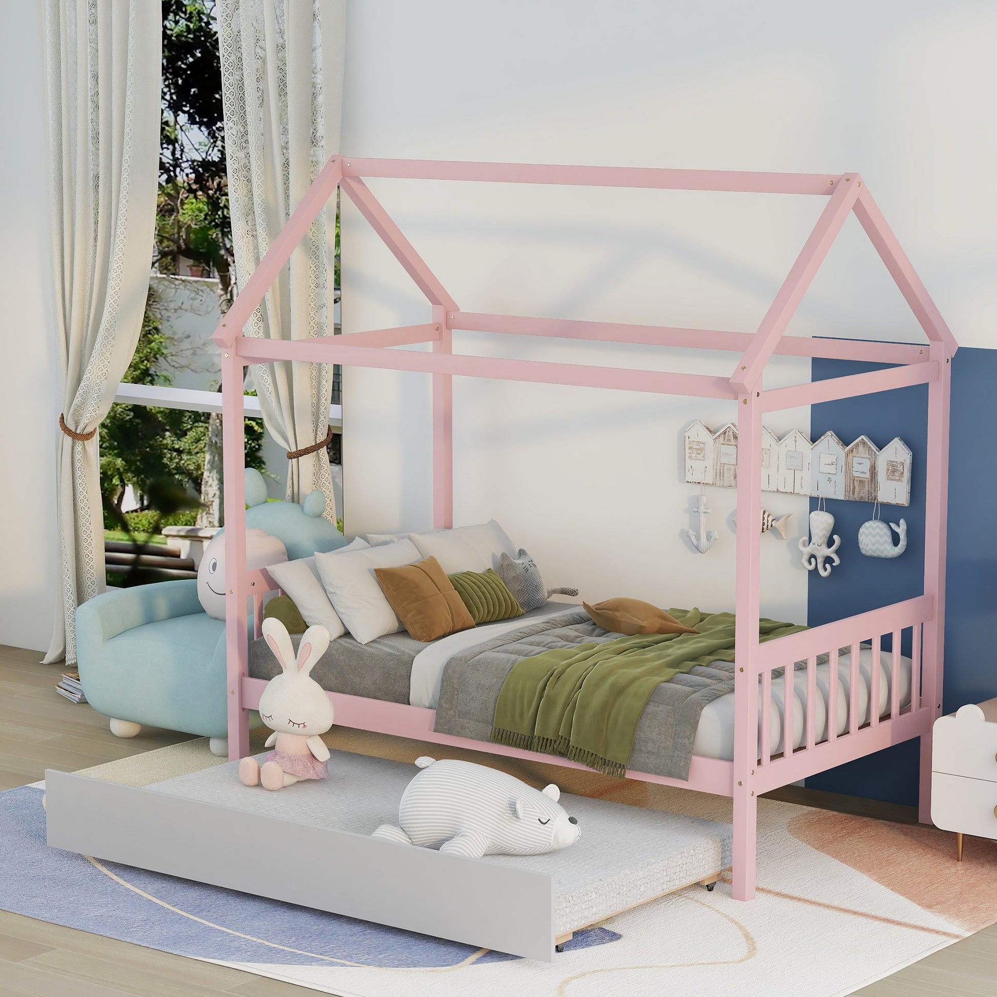 Solid Wood Twin House Bed Frame With Twin Size Trundle For Warm Pink Color, No Box Spring Needed Pink Pine