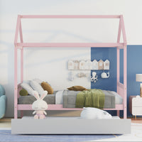 Solid Wood Twin House Bed Frame With Twin Size Trundle For Warm Pink Color, No Box Spring Needed Pink Pine