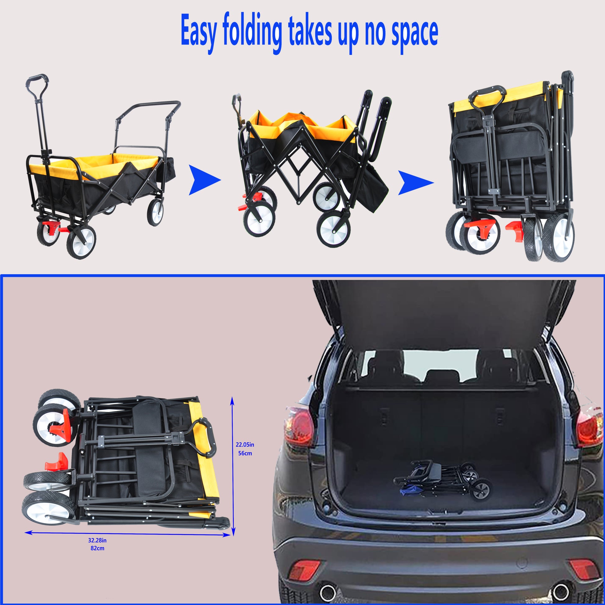 Folding Wagon Collapsible Outdoor Utility Wagon, Heavy Duty Folding Garden Portable Hand Cart, Drink Holder, Adjustable Handles Yellow Steel