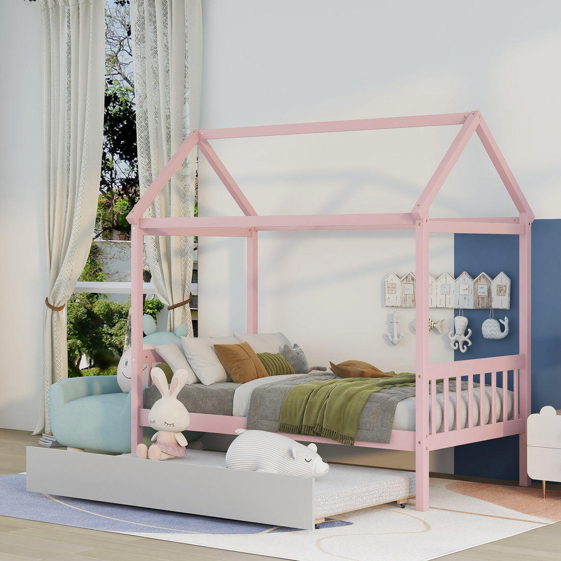 Solid Wood Twin House Bed Frame With Twin Size Trundle For Warm Pink Color, No Box Spring Needed Pink Pine