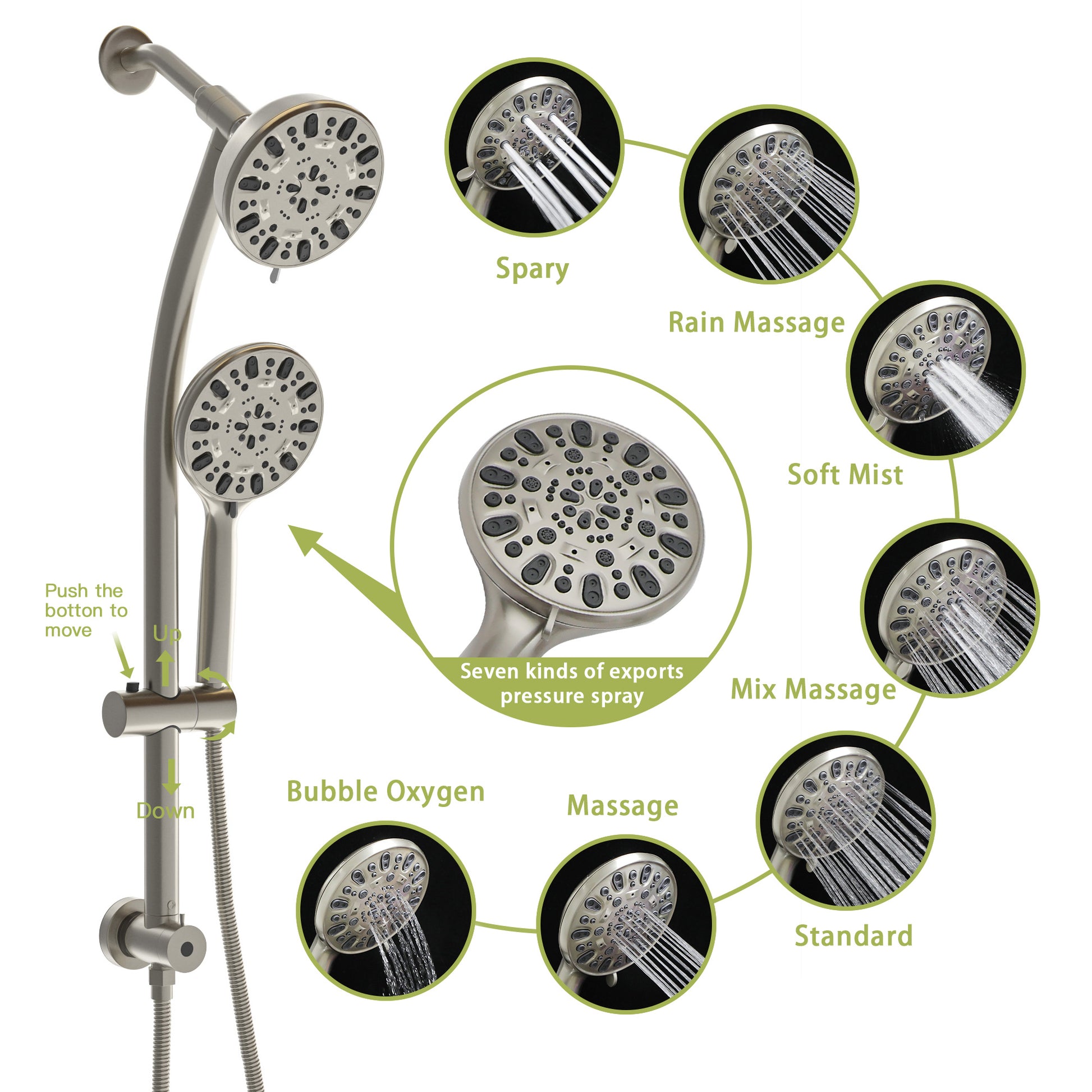 Multi Function Dual Shower Head Shower System With 4.7" Rain Showerhead, 7 Function Hand Shower, Adjustable Slide Bar,Brushed Nickel Brushed Nickel Plastic