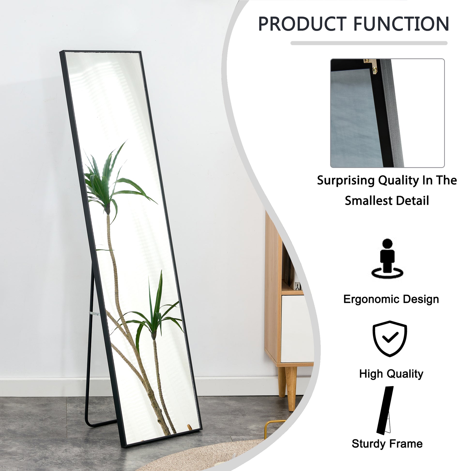 3Rd Generation Black Solid Wood Frame Full Length Mirror, Dressing Mirror, Bedroom Porch, Decorative Mirror, Clothing Store, Floor Mounted Large Mirror, Wall Mounted. 60 "* 17" W115155941 Black Glass