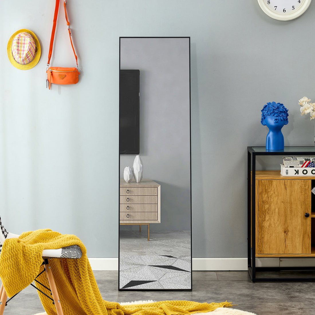 3Rd Generation Black Solid Wood Frame Full Length Mirror, Dressing Mirror, Bedroom Porch, Decorative Mirror, Clothing Store, Floor Mounted Large Mirror, Wall Mounted. 60 "* 17" W115155941 Black Glass