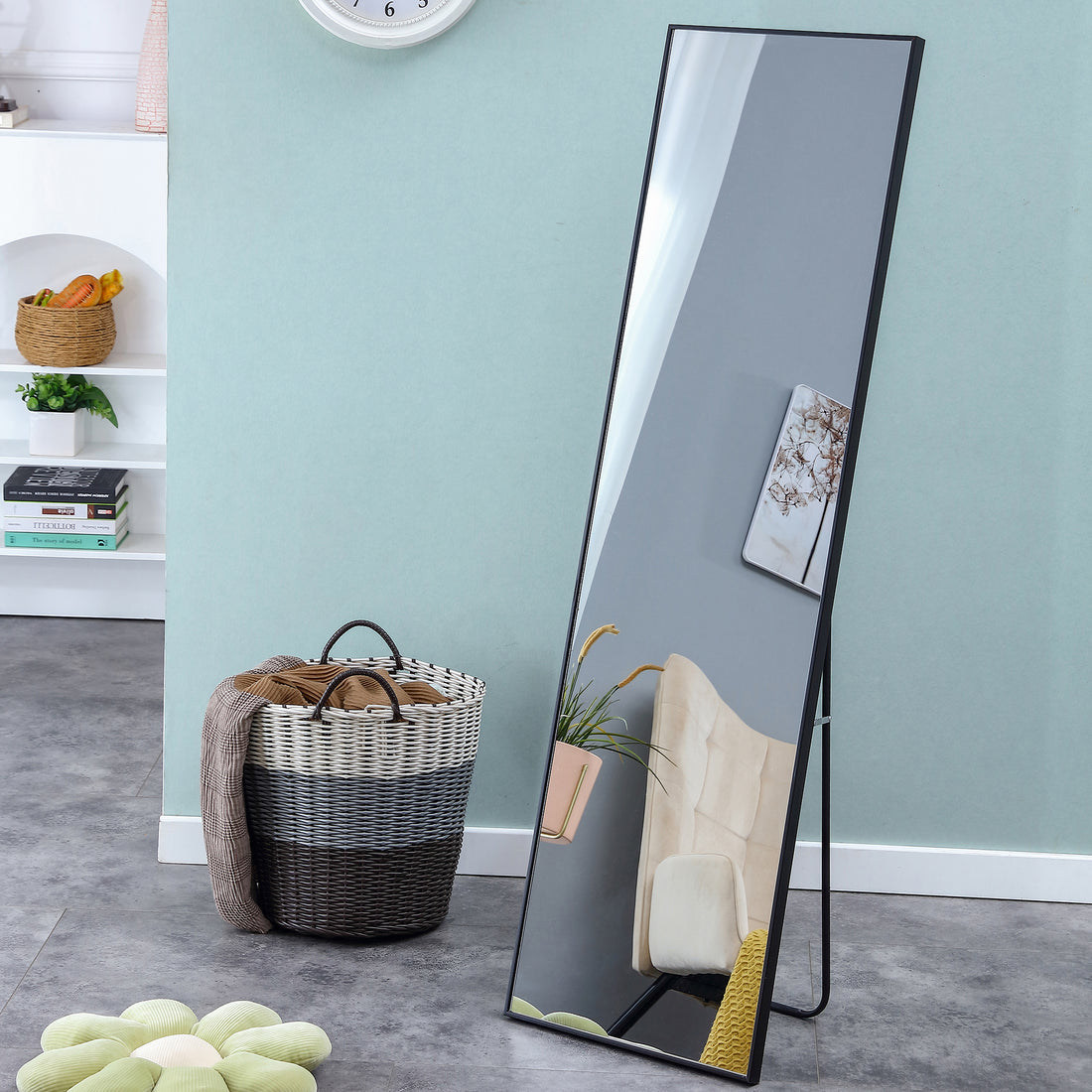 3Rd Generation Black Solid Wood Frame Full Length Mirror, Dressing Mirror, Bedroom Porch, Decorative Mirror, Clothing Store, Floor Mounted Large Mirror, Wall Mounted. 60 "* 17" W115155941 Black Glass
