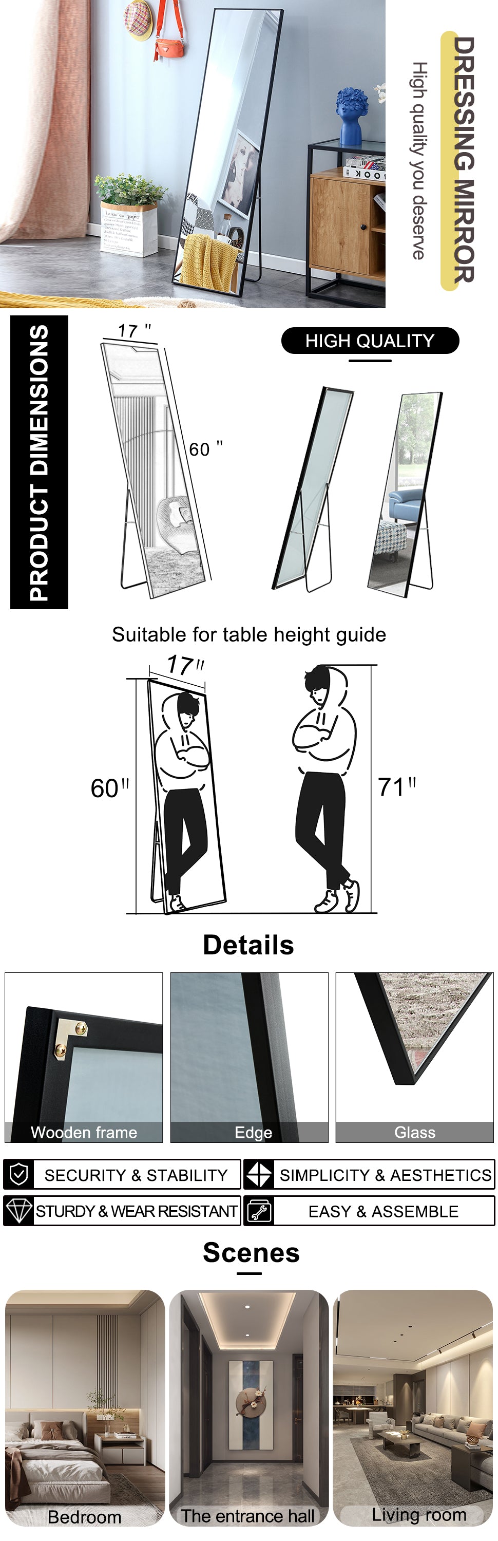 3Rd Generation Black Solid Wood Frame Full Length Mirror, Dressing Mirror, Bedroom Porch, Decorative Mirror, Clothing Store, Floor Mounted Large Mirror, Wall Mounted. 60 "* 17" W115155941 Black Glass