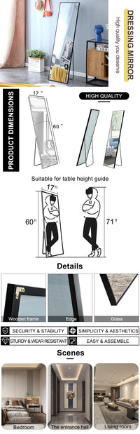 3Rd Generation Black Solid Wood Frame Full Length Mirror, Dressing Mirror, Bedroom Porch, Decorative Mirror, Clothing Store, Floor Mounted Large Mirror, Wall Mounted. 60 "* 17" W115155941 Black Glass