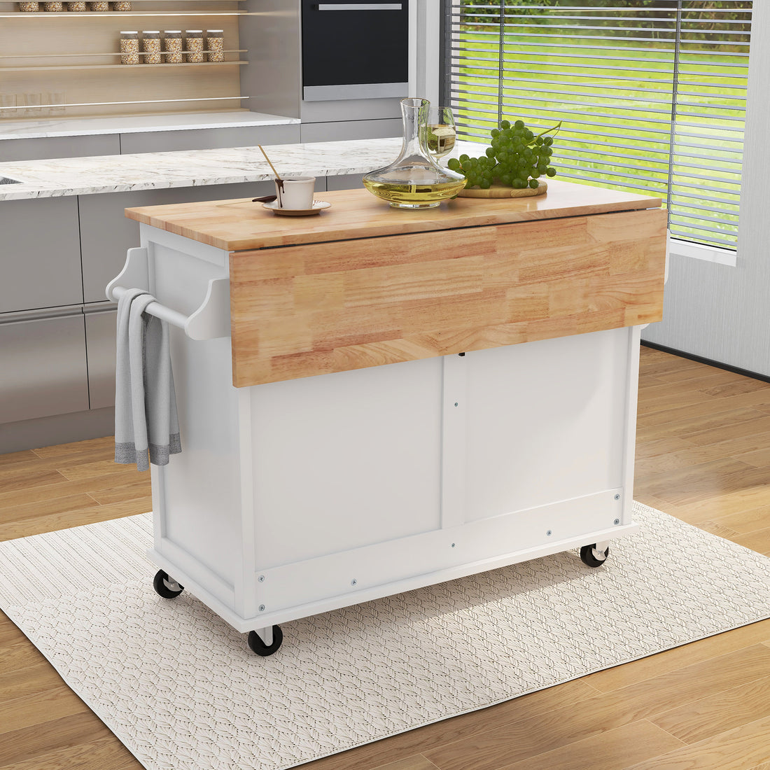 Kitchen Cart With Rubber Wood Drop Leaf Countertop, Concealed Sliding Barn Door Adjustable Height,Kitchen Island On 4 Wheels With Storage Cabinet And 2 Drawers,L52.2Xw30.5Xh36.6 Inch, White White