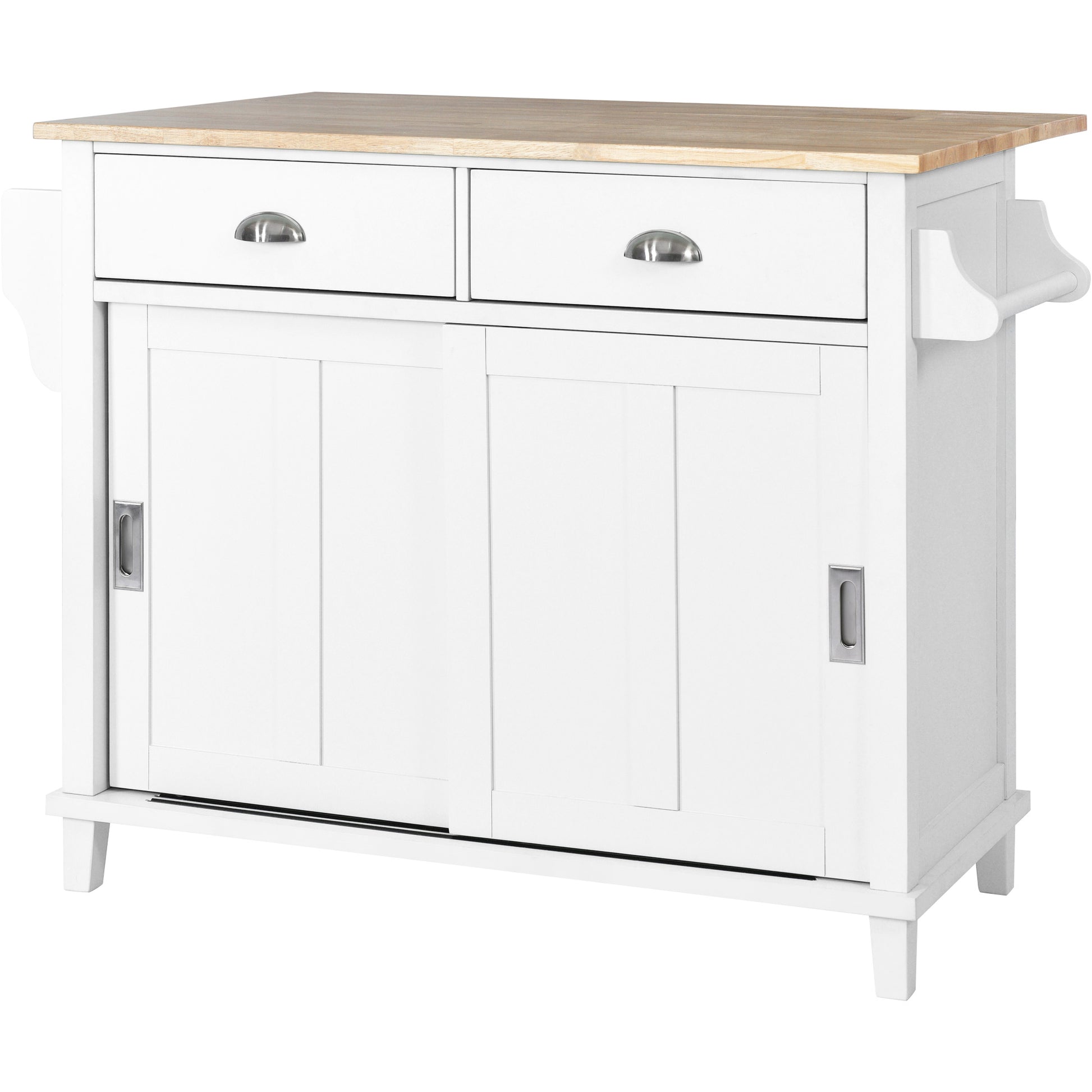 Kitchen Cart With Rubber Wood Drop Leaf Countertop, Concealed Sliding Barn Door Adjustable Height,Kitchen Island On 4 Wheels With Storage Cabinet And 2 Drawers,L52.2Xw30.5Xh36.6 Inch, White White